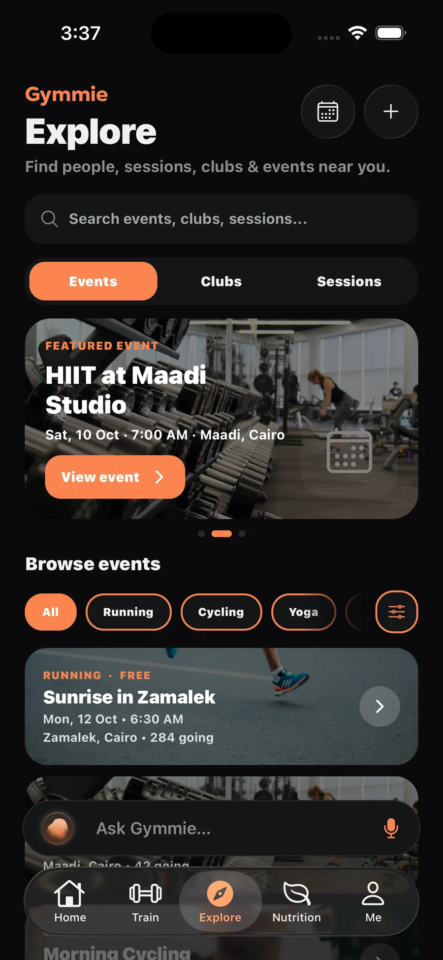 Gymmie Explore tab with events, clubs and sessions