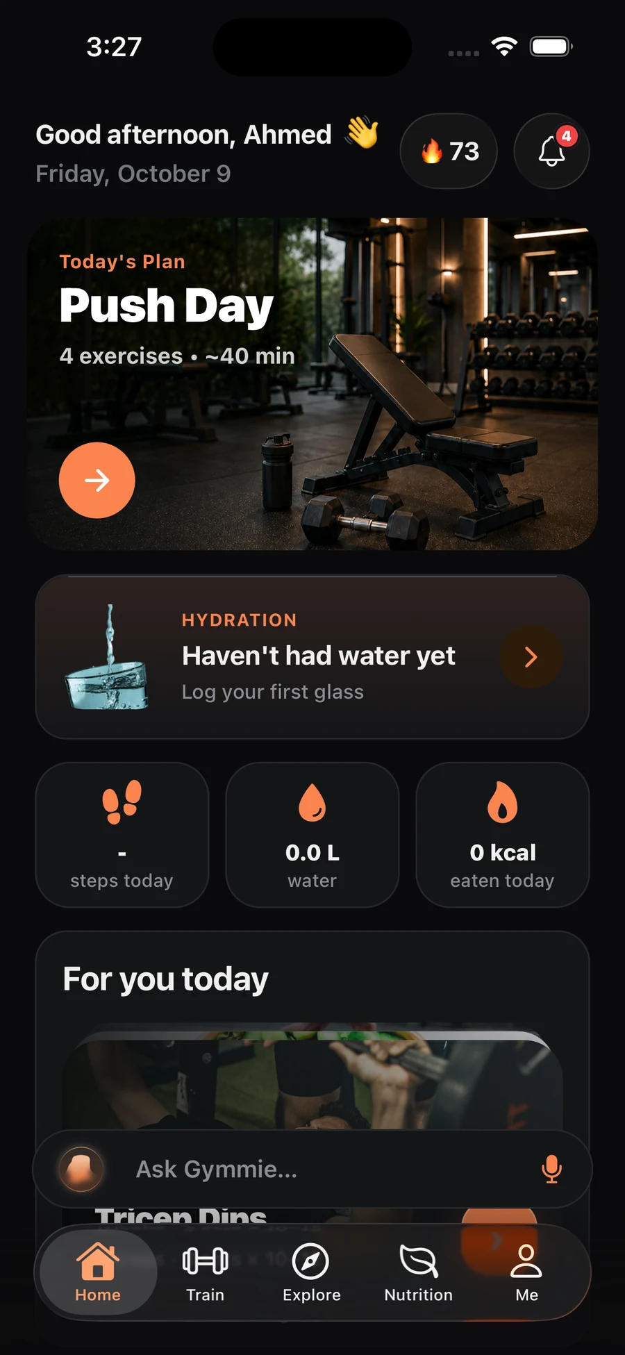 Gymmie home screen with Today’s Plan, hydration and an Ask Gymmie bar