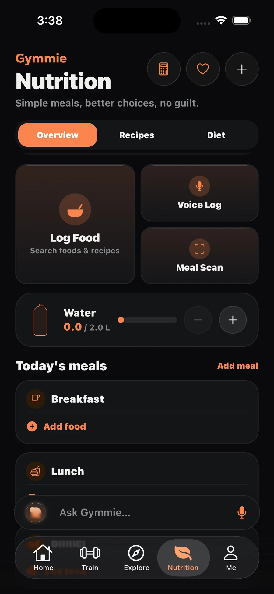 Gymmie Nutrition screen with Log Food, Voice Log, Meal Scan and water