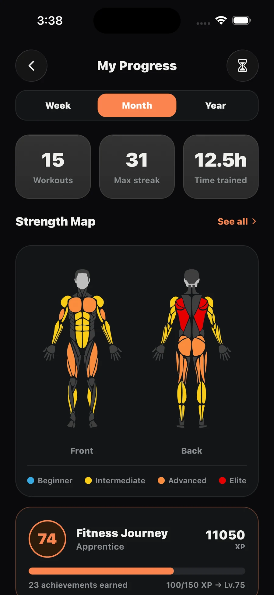 Gymmie My Progress screen with workouts, streak and strength map