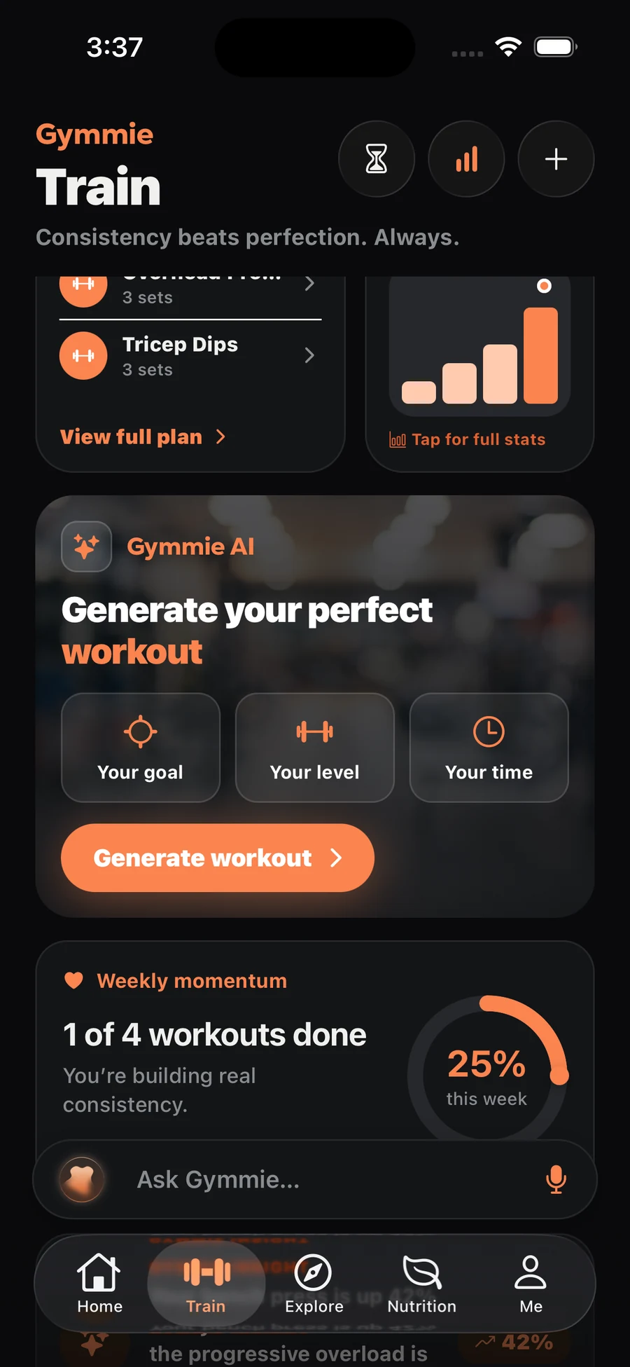 Gymmie Train tab with the AI workout generator