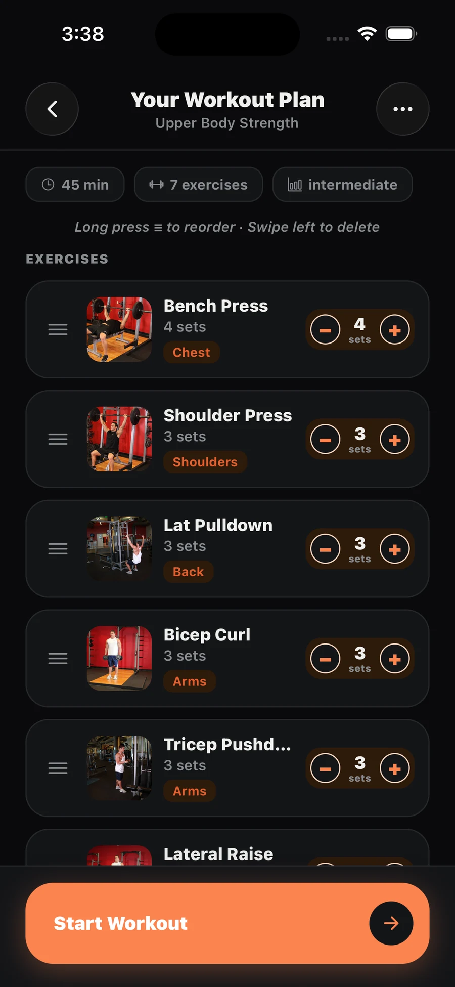 Gymmie workout plan with exercises, sets and reps